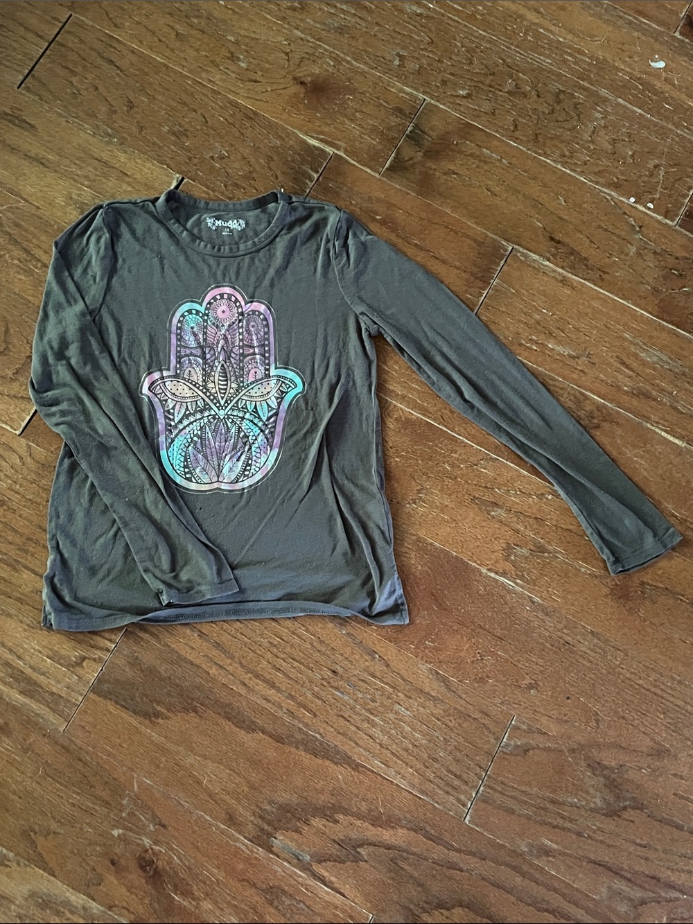 Vintage Mudd Juniors Girls Black Long-Sleeve Graphic Tee w Hamsa Print Size 14